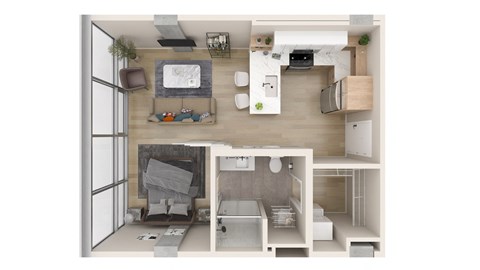 Floor plan for 1 bed, 1 bath, 489 sqft